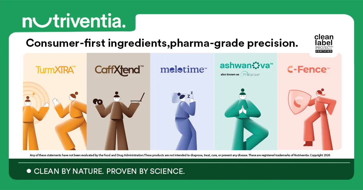 Nutriventia's branded ingredients: TurmXTRA, CaffXtend, Melotime, Ashwanova and C-Fence